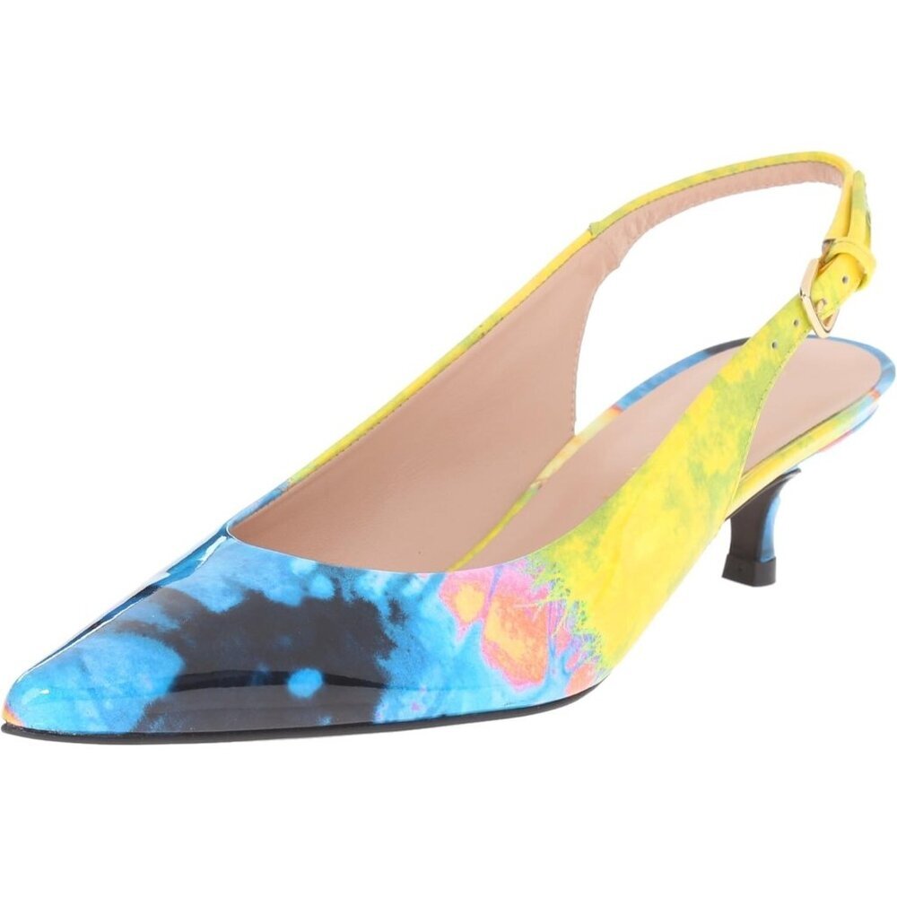 Stuart Weitzman Pocosling Kitten Heel Sling Back in Sun Paintball Patent Leather